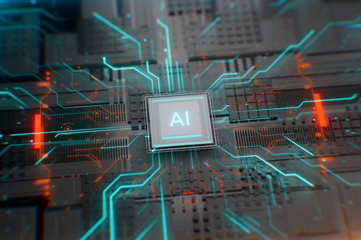 Artificial intelligence microchip on circuit board, AI data processing and neural network technology for fleet telematics