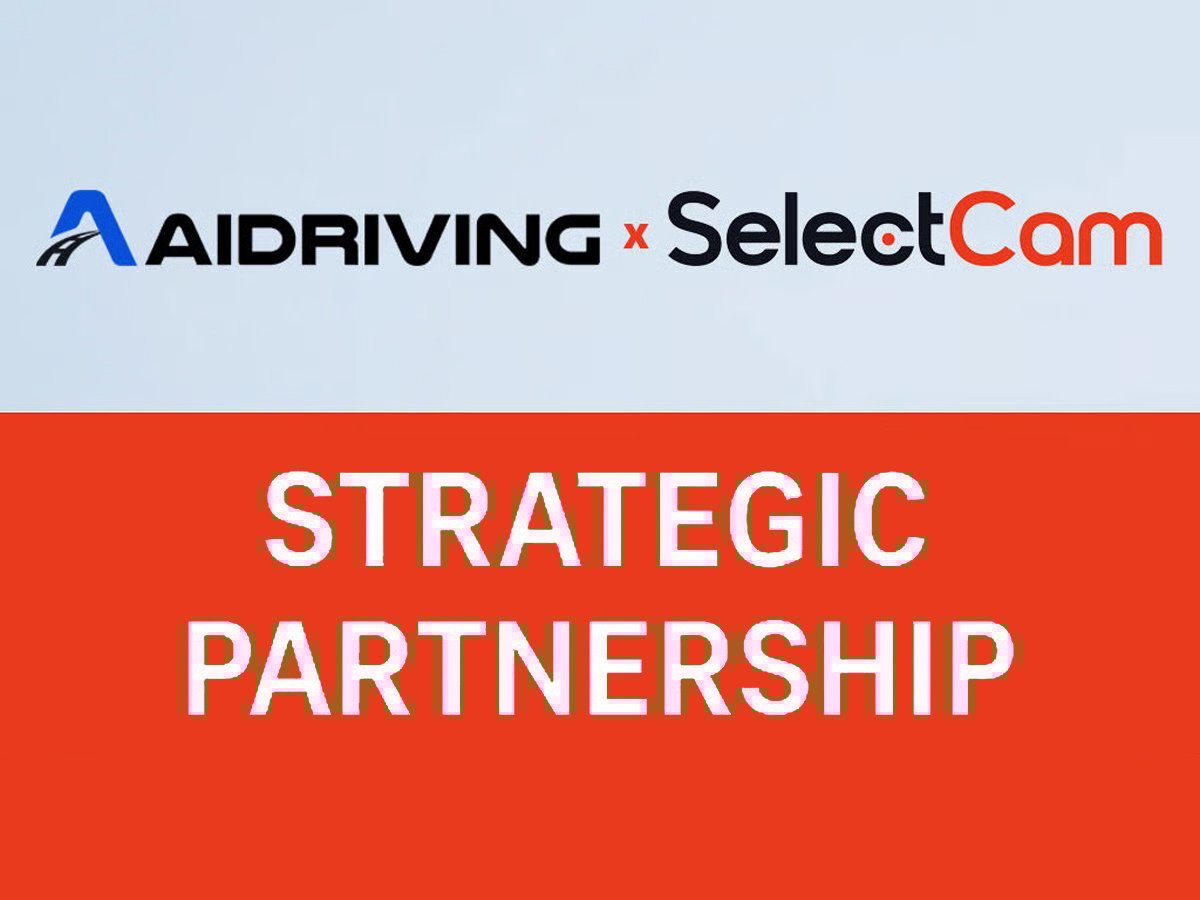 AIDRIVING and SelectCam logos with STRATEGIC PARTNERSHIP text on red background