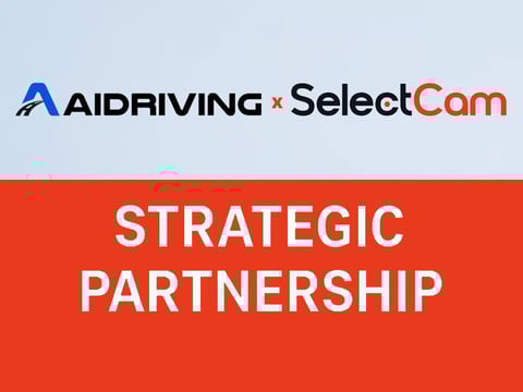 AIDRIVING and SelectCam logos with STRATEGIC PARTNERSHIP text on red background