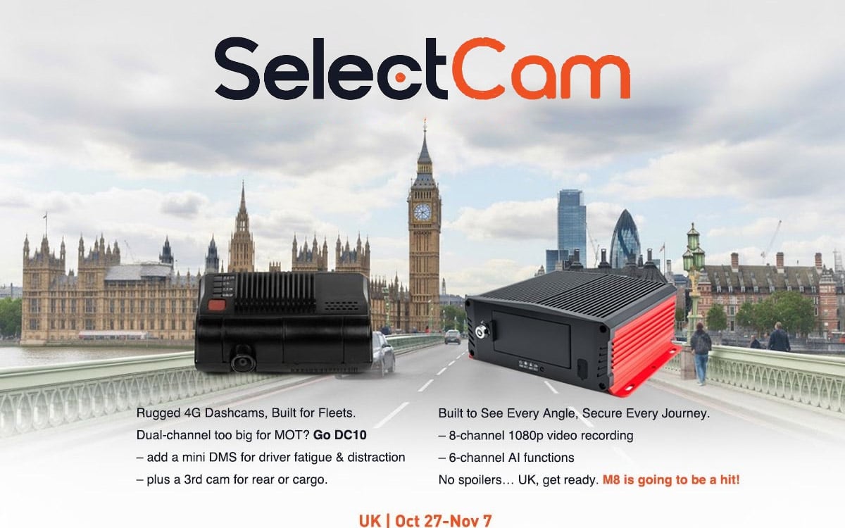 SelectCom promotional image featuring two black camera vehicles with Big Ben and Houses of Parliament in London background