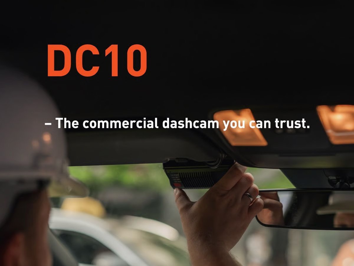 DC10 dashcam mounted on vehicle windshield with tagline The commercial dashcam you can trust displayed