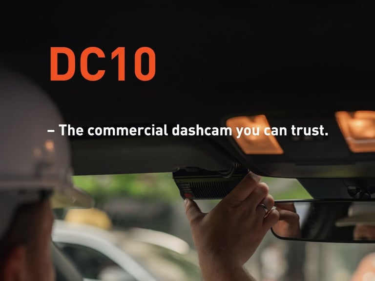 DC10 dashcam mounted on vehicle windshield with tagline The commercial dashcam you can trust displayed