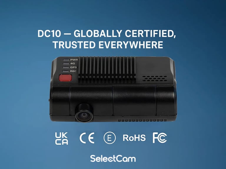 DC10 dash cam viewed from top with regulatory certifications, featuring red button and ventilation grilles on blue background