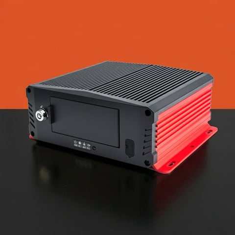 Black and red industrial computer or server box with ventilation grille on top against orange and black background