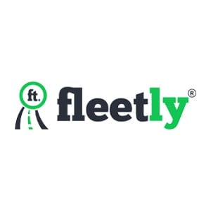 Fleetly logo featuring a green and blue geometric figure icon next to bold dark text and registered trademark symbol