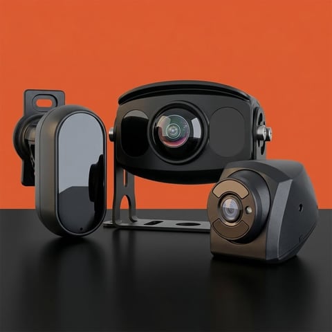 Three black action cameras with compact designs displayed against an orange background on a dark surface