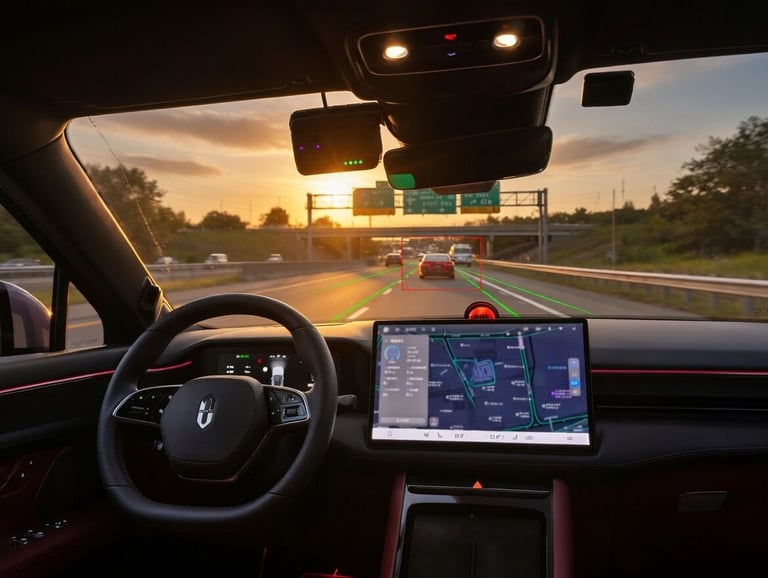 Dashboard view from inside a vehicle driving on a highway at sunset with navigation screen visible