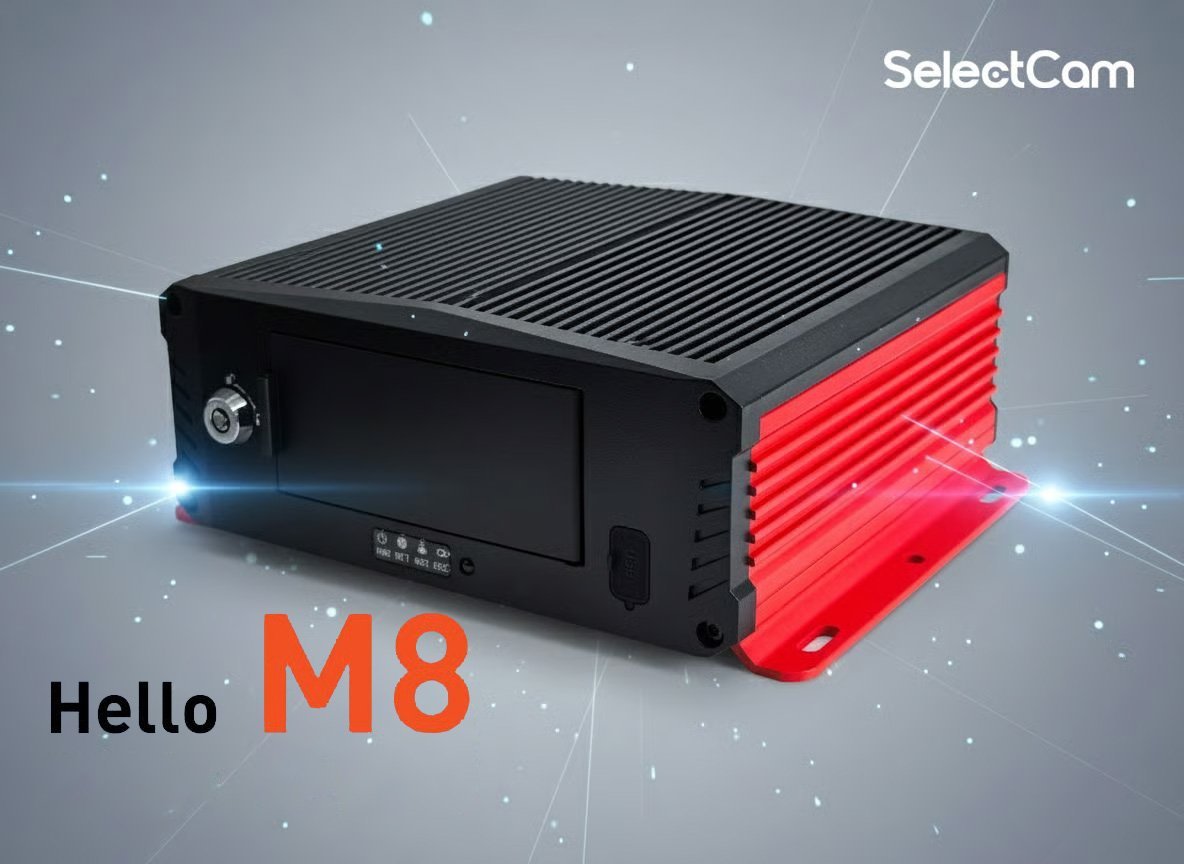 SelectCam M8 compact industrial camera with black body, red heat sink, and illuminated blue accents on gray background